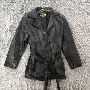 Leather & Soul Jacket Small Genuine Leather Black Belted Pockets Button Front